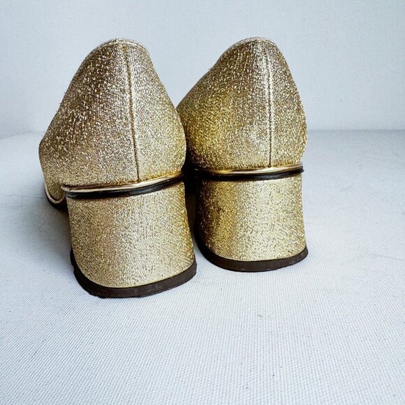 Vintage 70s Teen Dream Gold Lurex Square Toe Evening Heels 10AA - Picture 8 of 11